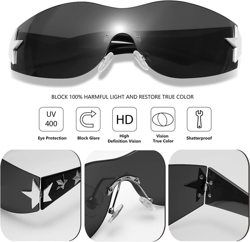 Haqptul Rimless Y2K Sunglasses Star Wrap Around Glasses 2000S Accessories for Women Men Trendy Fashion Cool Shield Shades - Image 5
